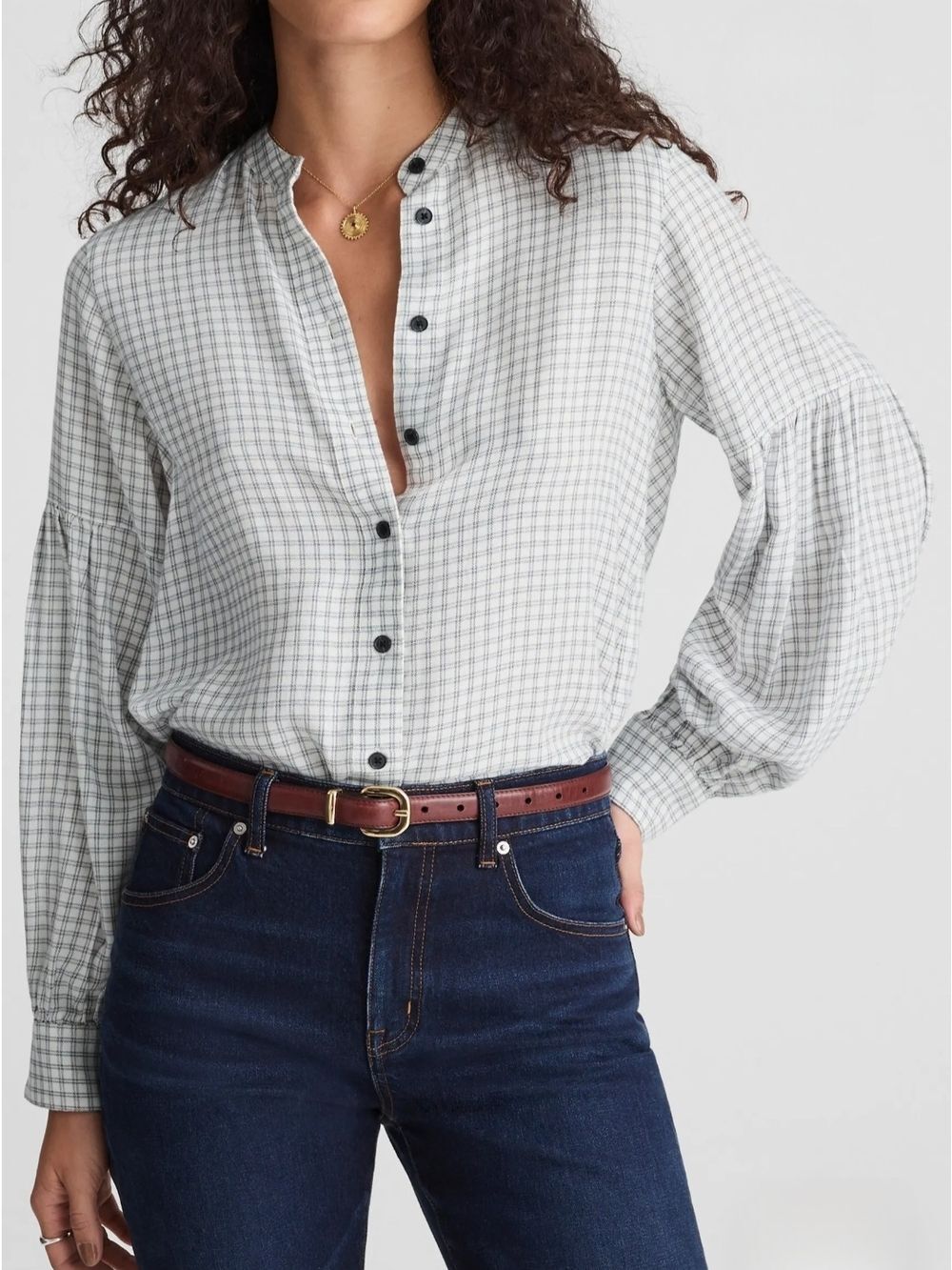 NWT Madewell Stand-Collar Button-Up Shirt in White Plaid Size S